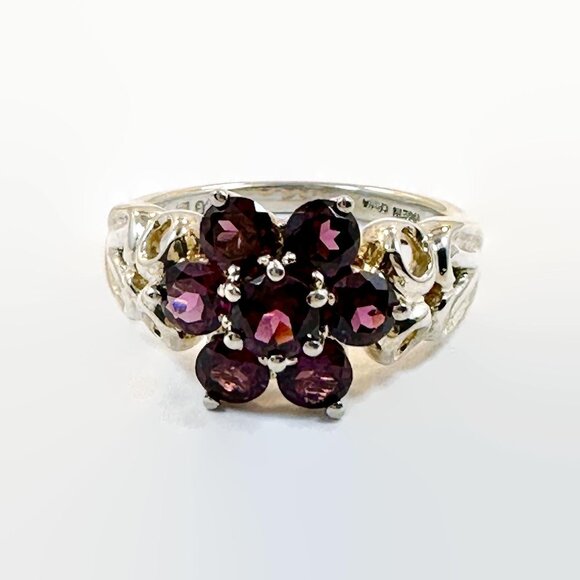Garnet Ring, Flower, Rhodolite Garnet, Sterling Silver, Designer,Michelle Albala - Picture 1 of 6